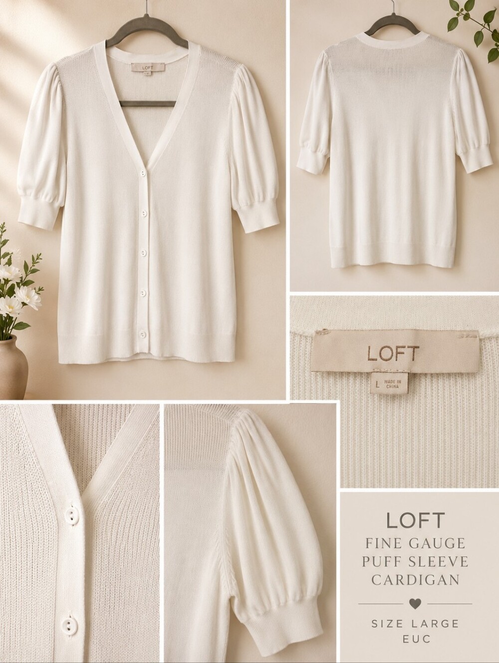 LOFT Fine Gauge Puff Sleeve Cardi Sweater | Ivory Cream V-Neck | Large|EUC - Picture 4 of 9